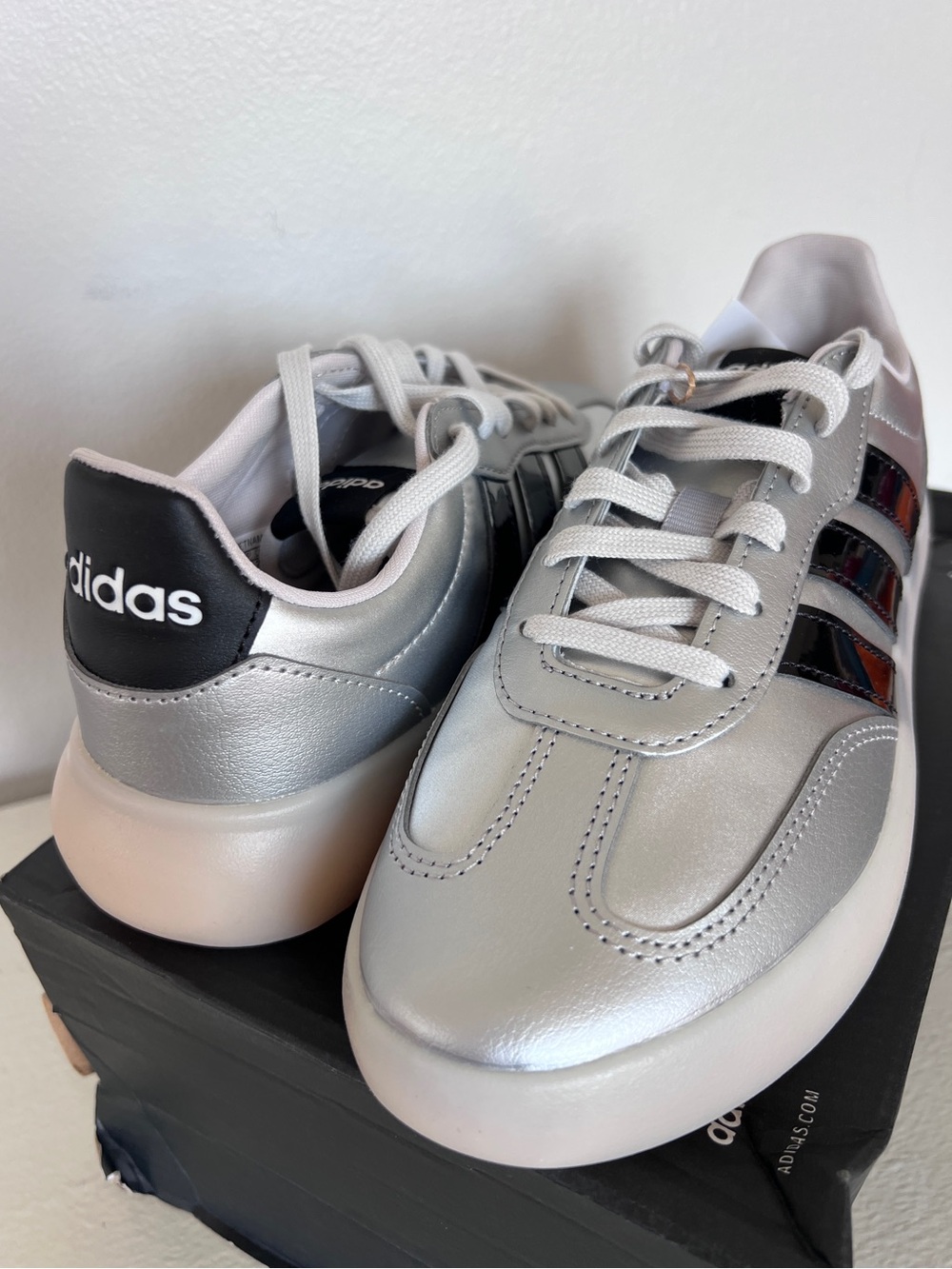 Adidas Women’s Barreda Metallic Silver Sneakers with Black Heel and Stripes
